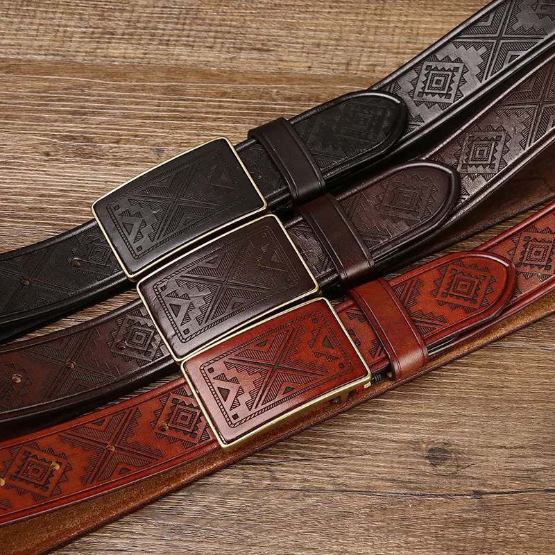 

New handmade retro laser engraved pattern plate buckle belt men's genuine leather pure cowhide smooth buckle belt