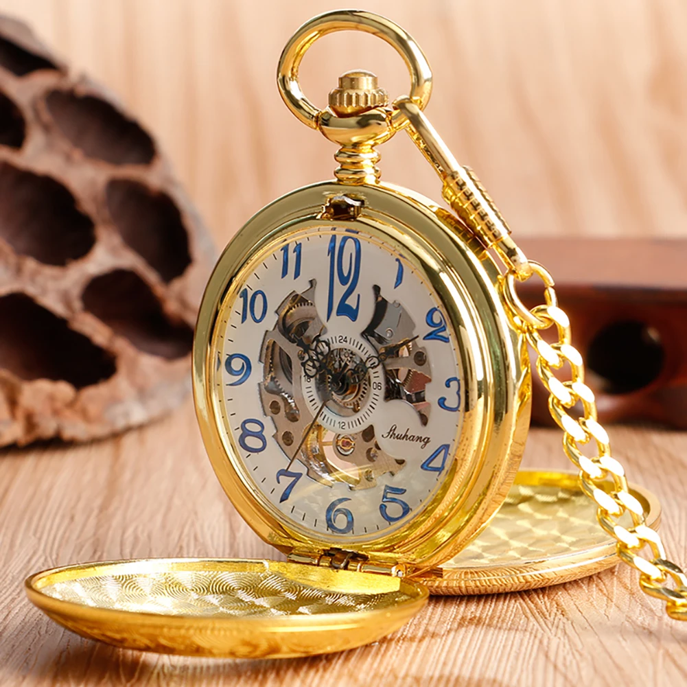 الرجعية الأزرق الأرقام العربية الهاتفي الرجال دليل الميكانيكية ساعة الجيب الذهبي فوب سلسلة Steampunk ساعة الجيب هدية الذكور