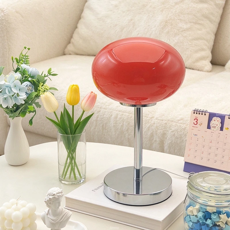 Mid-century dopamine Bauhaus ins-style pink glass table lamp for girls bedside night light for bedroom ambient lighting