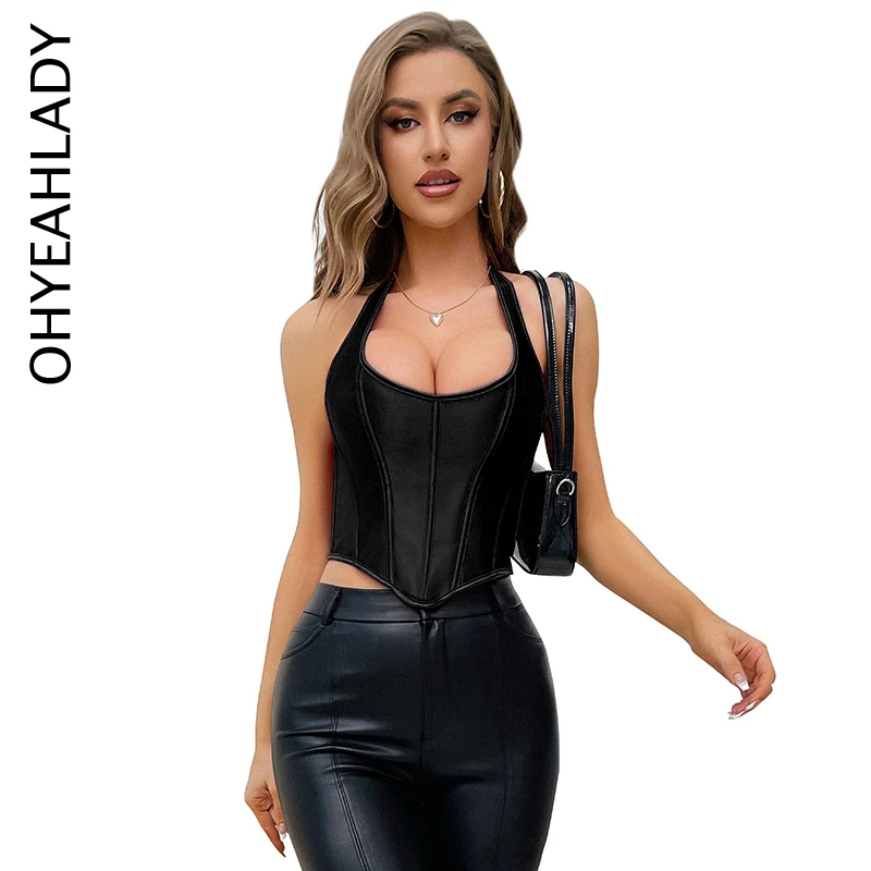 

Ohyeahlady Solid Black Corset Women's 13 Pieces Plastic Bones Waist Trainer Push Up Elegant Big Size Fashion Lace Up Sexy Shaper