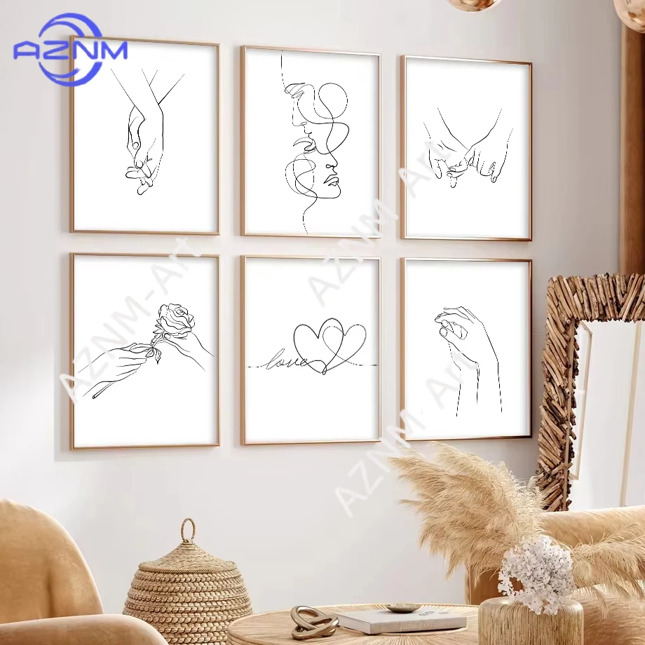 1 Stück/6 Stück Nordisches Minimalistisches Abstraktes Liebes-Themen Leinwandbild Abstraktes Paar mit Herz in den Händen Liebes-Poster Druck Heim Schlafzimmer Deko