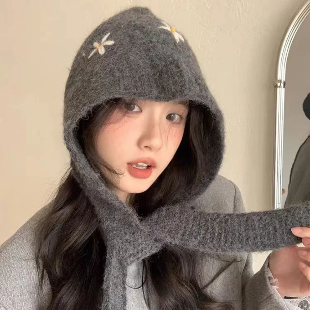 

Sweet Knitted Balaclava Hat Woolen Embroidered Flowers Neck Collar Beanies Cap Ear Protection Keep Warm Pullover Cap Winter