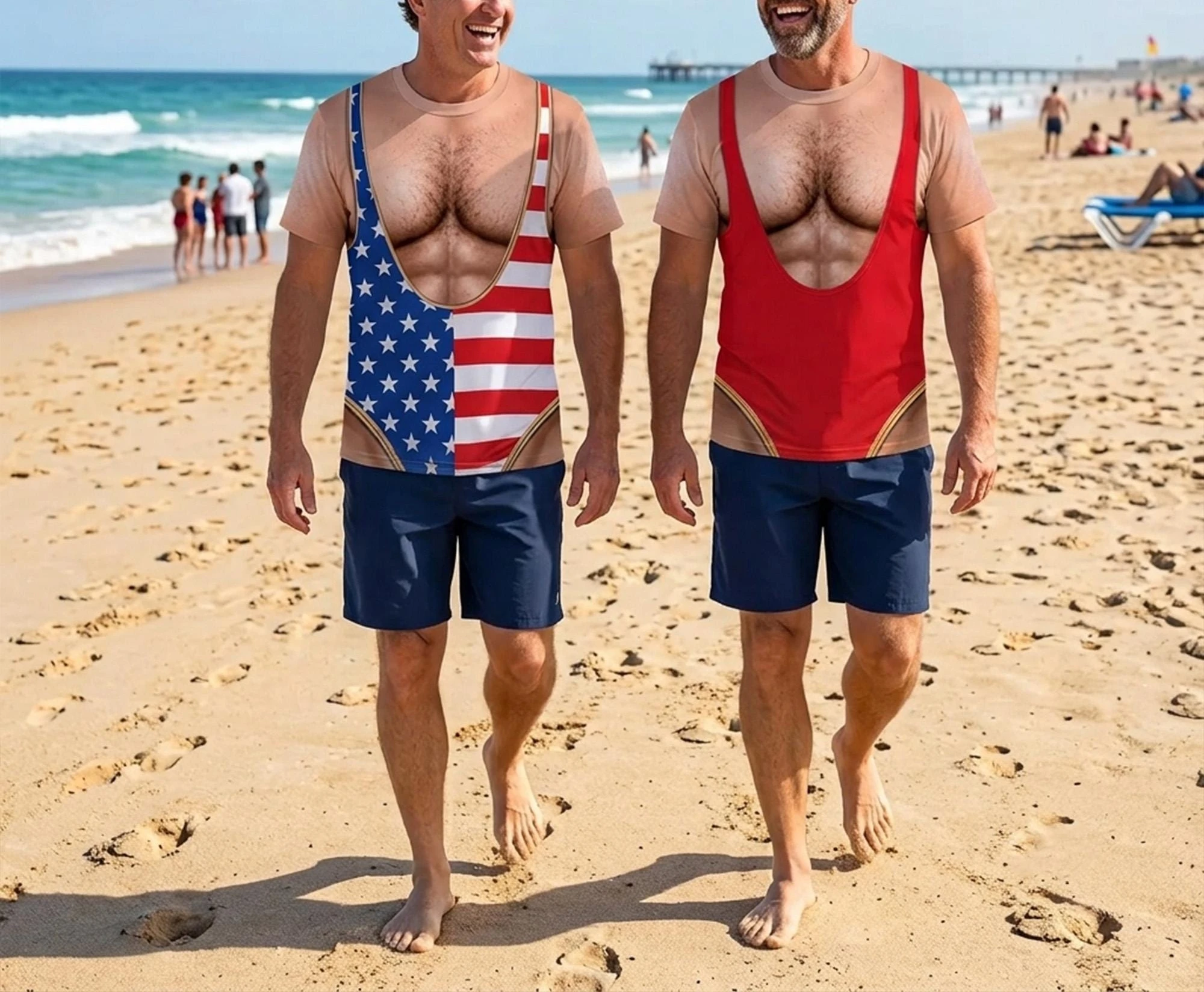 Summer Funny Patriotic T-shirt, Birthday Gifts for Men, Beach Body Included Shirt, 3D Printed Bikini Graphic Tee, Gag Gift Men