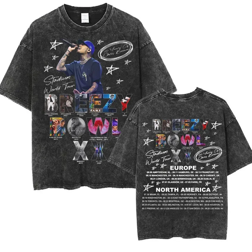 Limited Chris Brown Breezy Bowl XX Tour 2025 New Album T Shirts Gifts Men Women Vintage Washed Short Sleeve Tee Shirt Streetwear