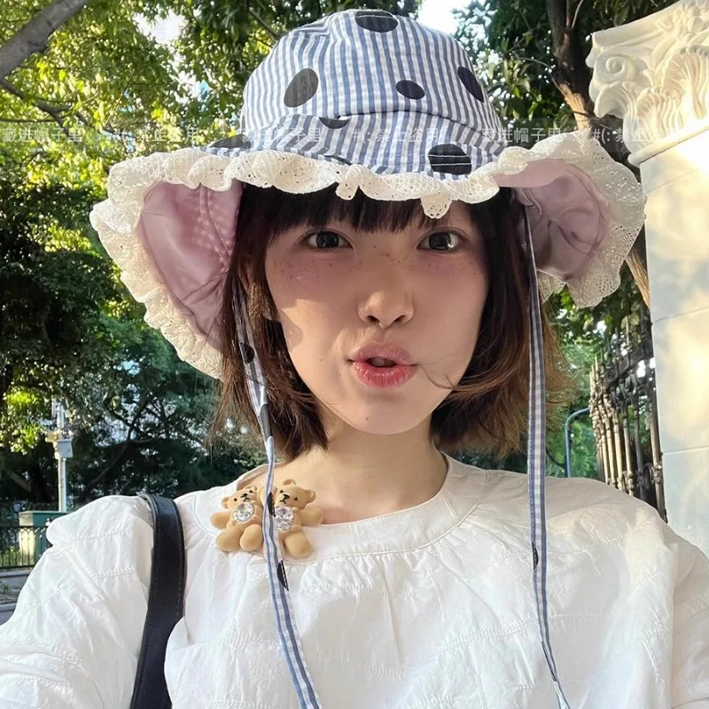 Korean Polka Dot Lace Plaid Strap Bucket Hat Spring and Summer Vacation Sunshade Large Brim Foldable Fashion Sun Cap for Women's