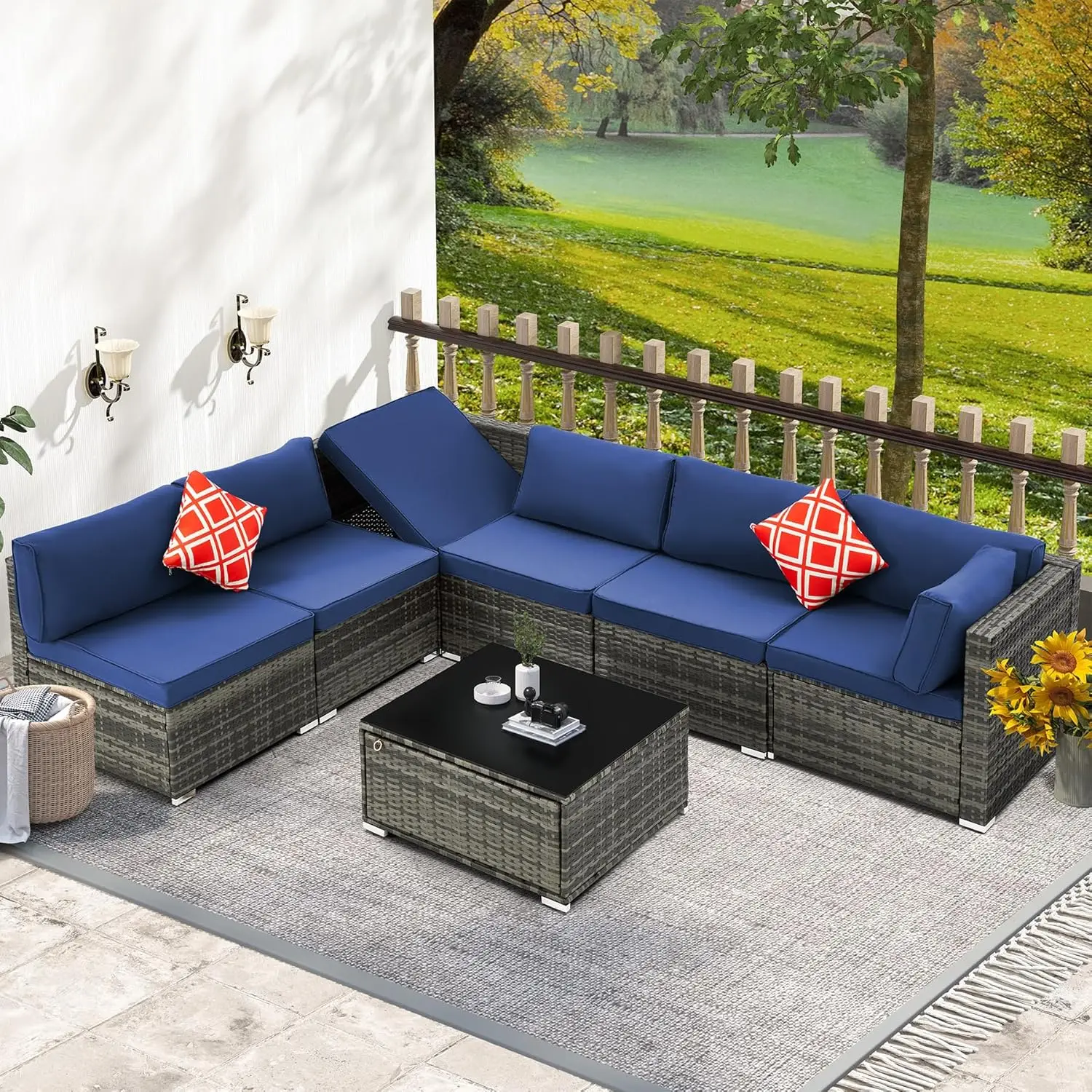 

7 Piece Outdoor Patio Furniture, Hand Woven PE Rattan Patio Conversation Sets, Cushions and Pillows, Balcony, Lawn (Navy Blue)