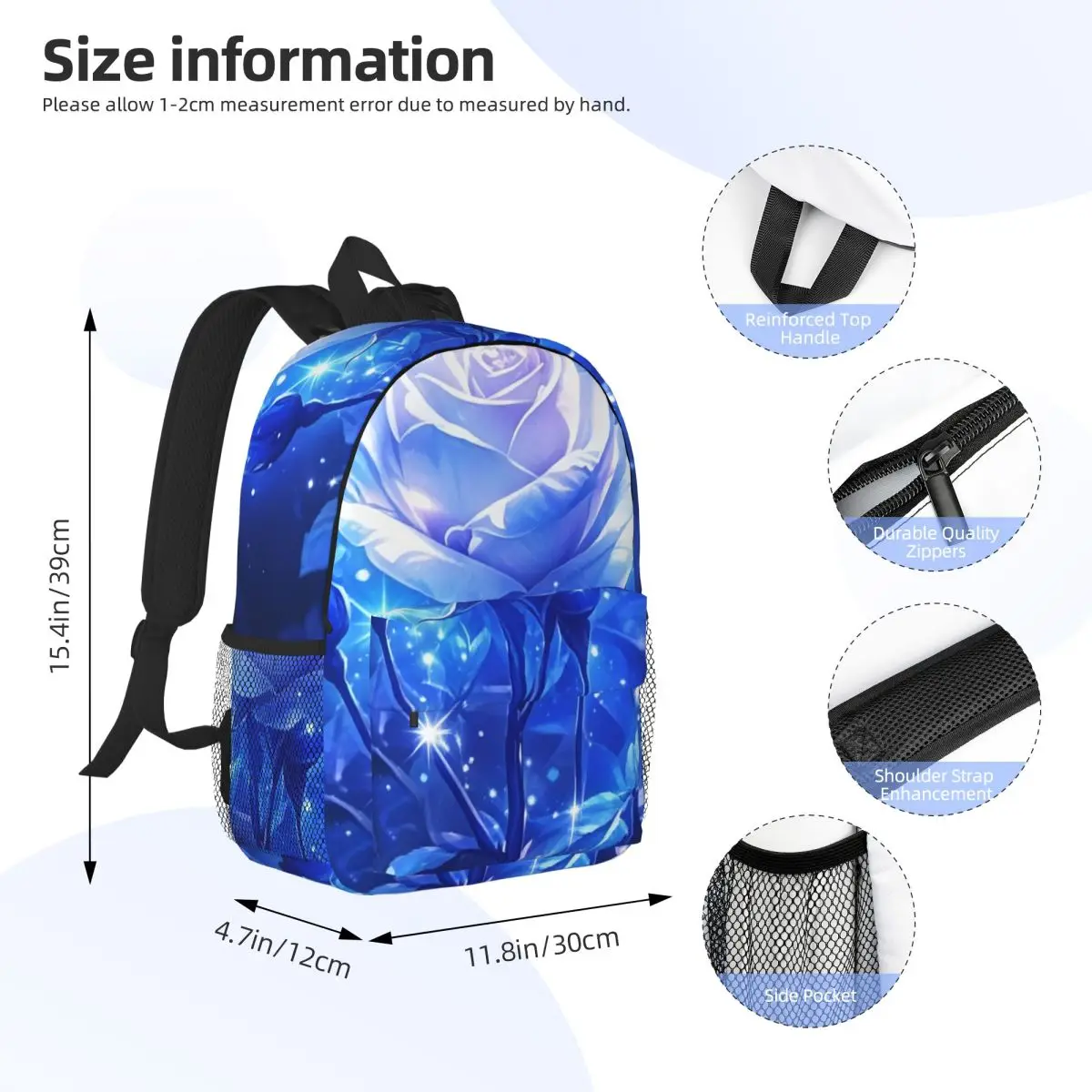 Glowing Blue Rose Backpack Daypack Large Capacity Boys Girls BookBag Shoulder Bags for Men Women Kids School Bag