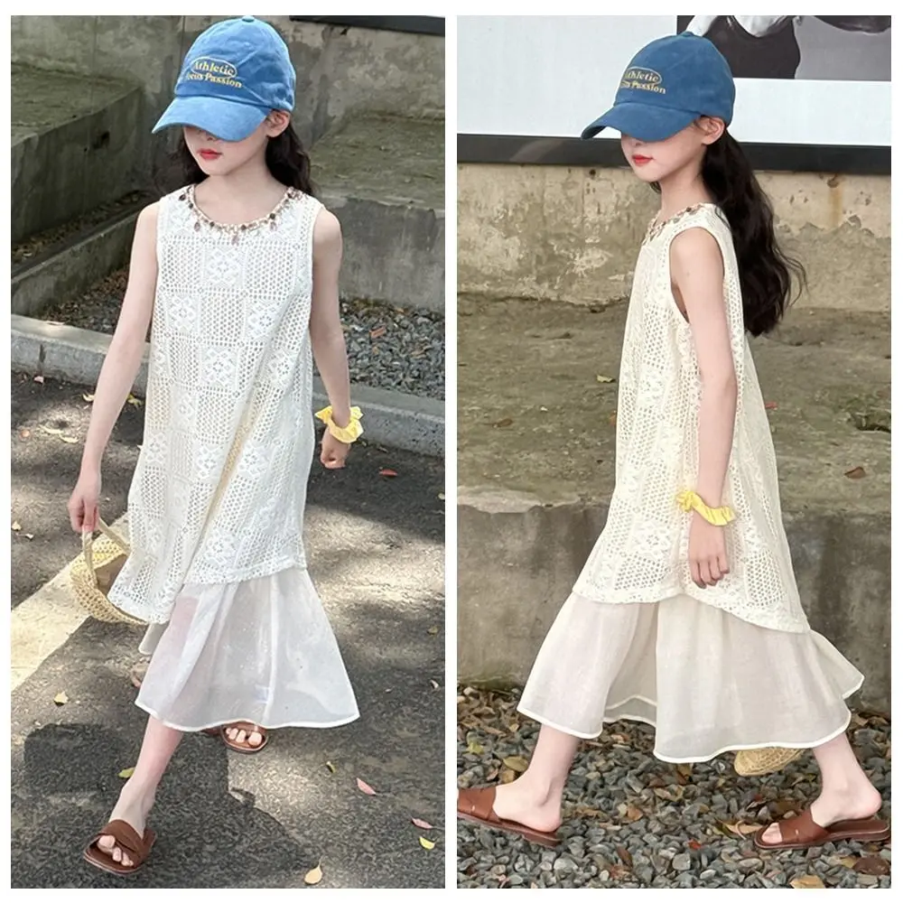 

Детское богемное платье-ракушка с круглым вырезом без рукавов, детская пляжная длинная юбка, длинное кружевное лоскутное платье для девочек, весна-лето