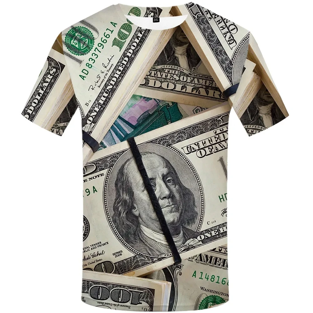 Camiseta con estampado de dinero de papel para hombre, camisa de cuello redondo con elementos de moda urbana