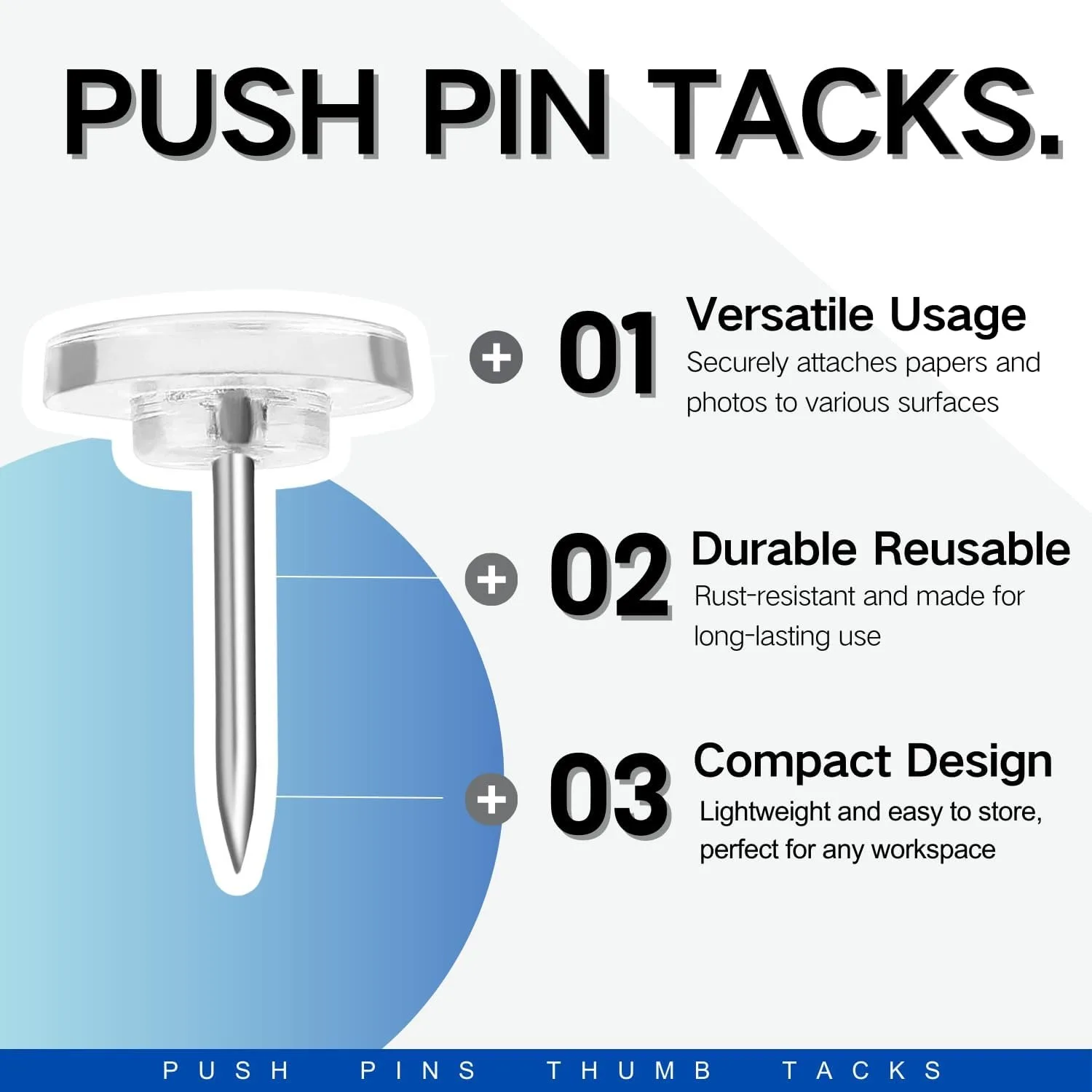 150 PCS Clear Push Pins Tacks Count in Reusable Box for Bulletin Boards and Wall Displays Heavy Duty Plastic Head