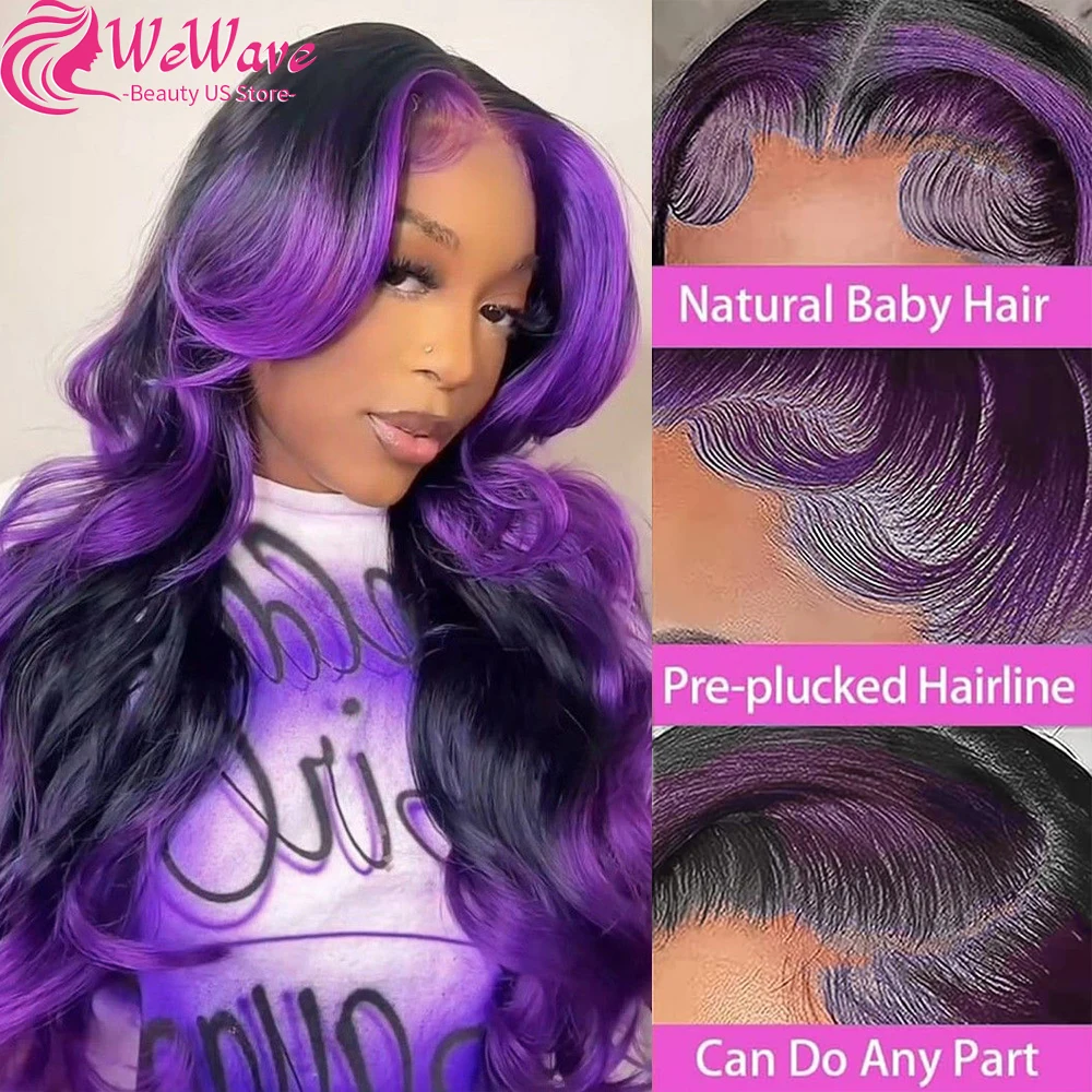 

Парик WeWave из натуральных бразильских волос с эффектом омбре (черный-фиолетовый), с волнистыми прядями, 13x6 HD, с кружевной передней частью, предварительно выщипанный, с детским эффектом волосков