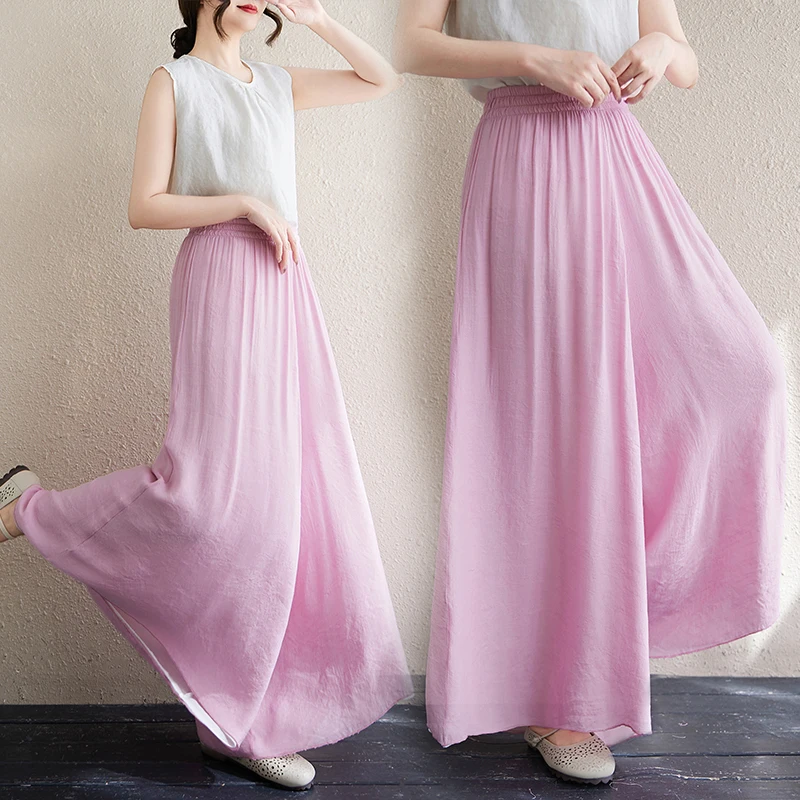 

Розовые хлопковые льняные брюки-палаццо женские свободные винтажные с завышенной талией, брюки-юбка, повседневные брюки для женщин и девушек