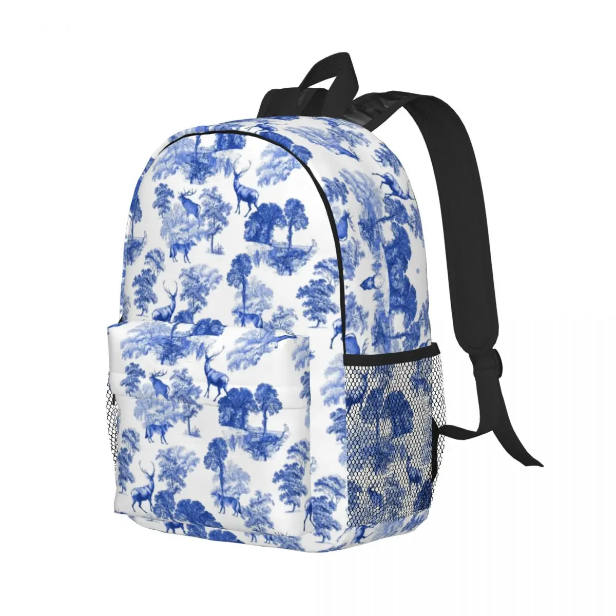 Blue French Toile Deer In Forest zaino Toile De Jouy campagna College School borse da viaggio Bookbag adatto a Laptop da 15 pollici