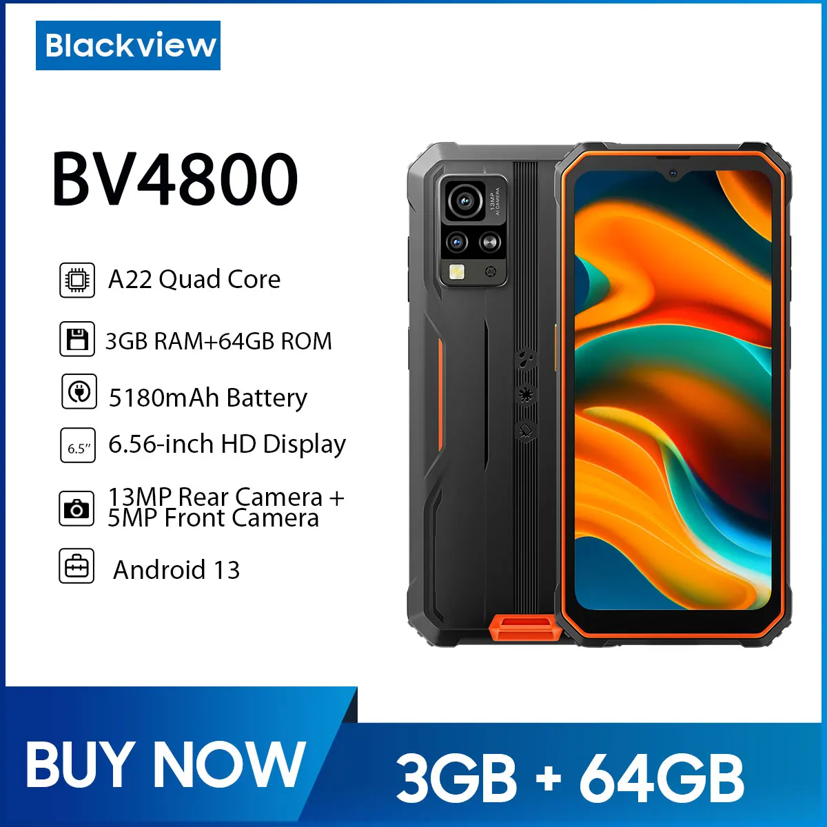 Blackview BV4800 Rugged Smartphone 6.56'' HD Display A22 Quad Core 3GB RAM 64GB ROM 180mAh Battery 13MP Camera Android 13 Phone