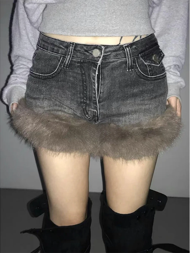 American style retro plush spliced denim shorts women autumn winter new spicy girls wrapped buttocks rough edges hot pants
