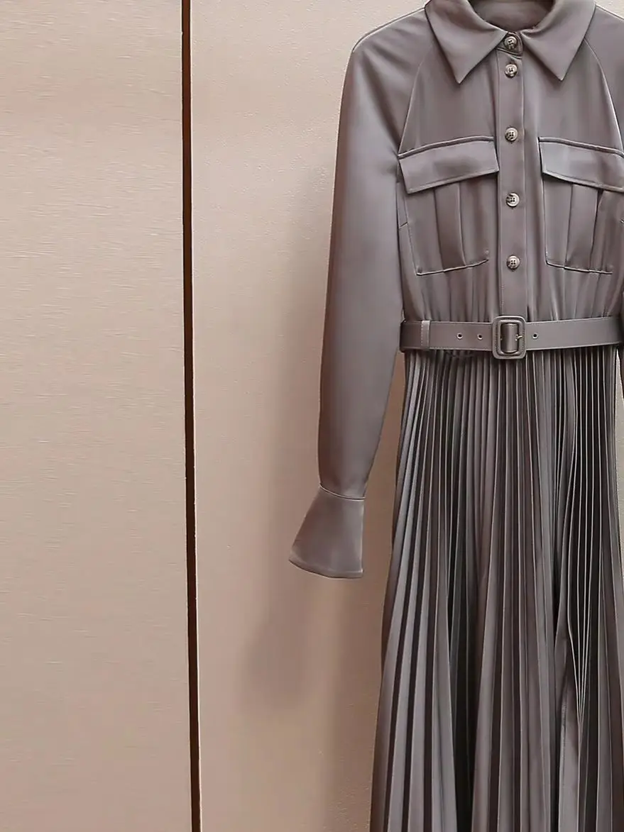 

﻿ Fall/Winter Women Turn-down Collar Satin Spliced Pleated Belt Long Sleeve Solid Maxi Dress Single Breasted Loose Shirt Dress