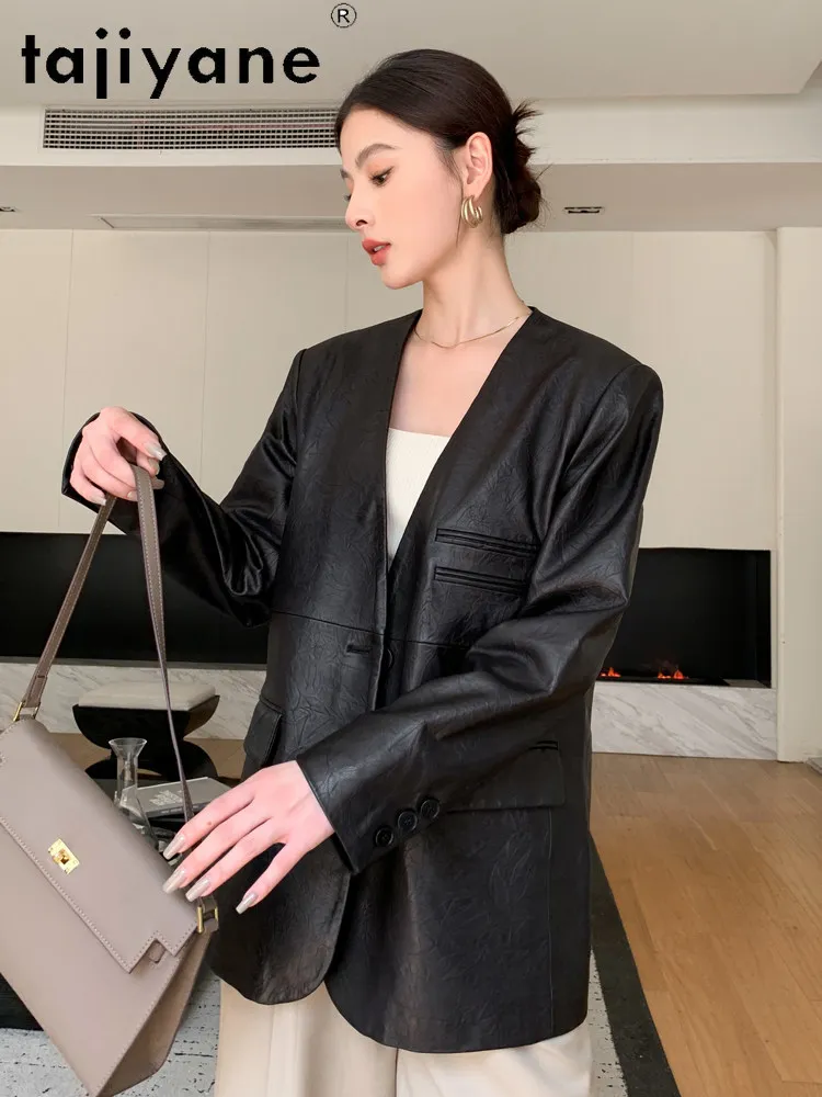 TAJIYANE 100% Sheepskin Blazer Trench Coat Women Retro Crinkled Mid‑Length V‑Neck Coat Genuine Leather Jacket Woman Clothes 2026