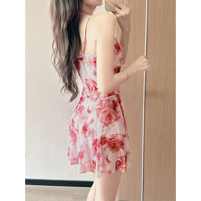Traje de baño de una pieza con estampado Floral para mujer, traje de baño Sexy con cuello Halter y espalda descubierta, minivestido ajustado sin mangas para playa, traje de baño de hadas Vintage