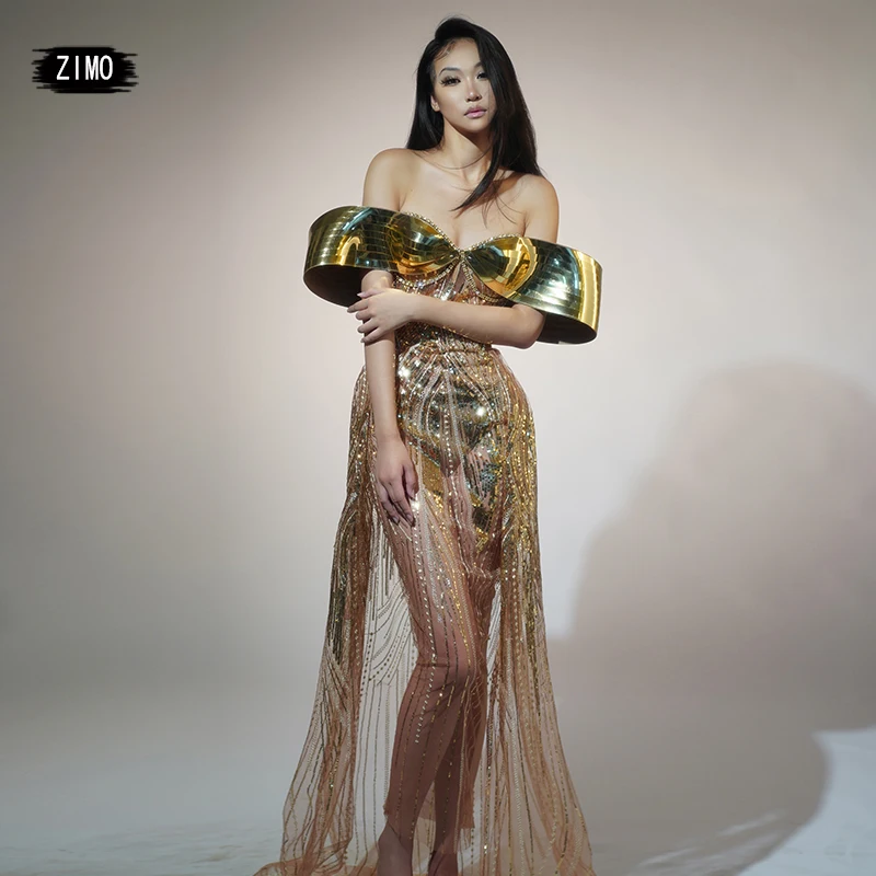 sexy mesh Transparent gold dress glitter rhinestones birthday party DS stage designer club outfits wedding drag queen costumes