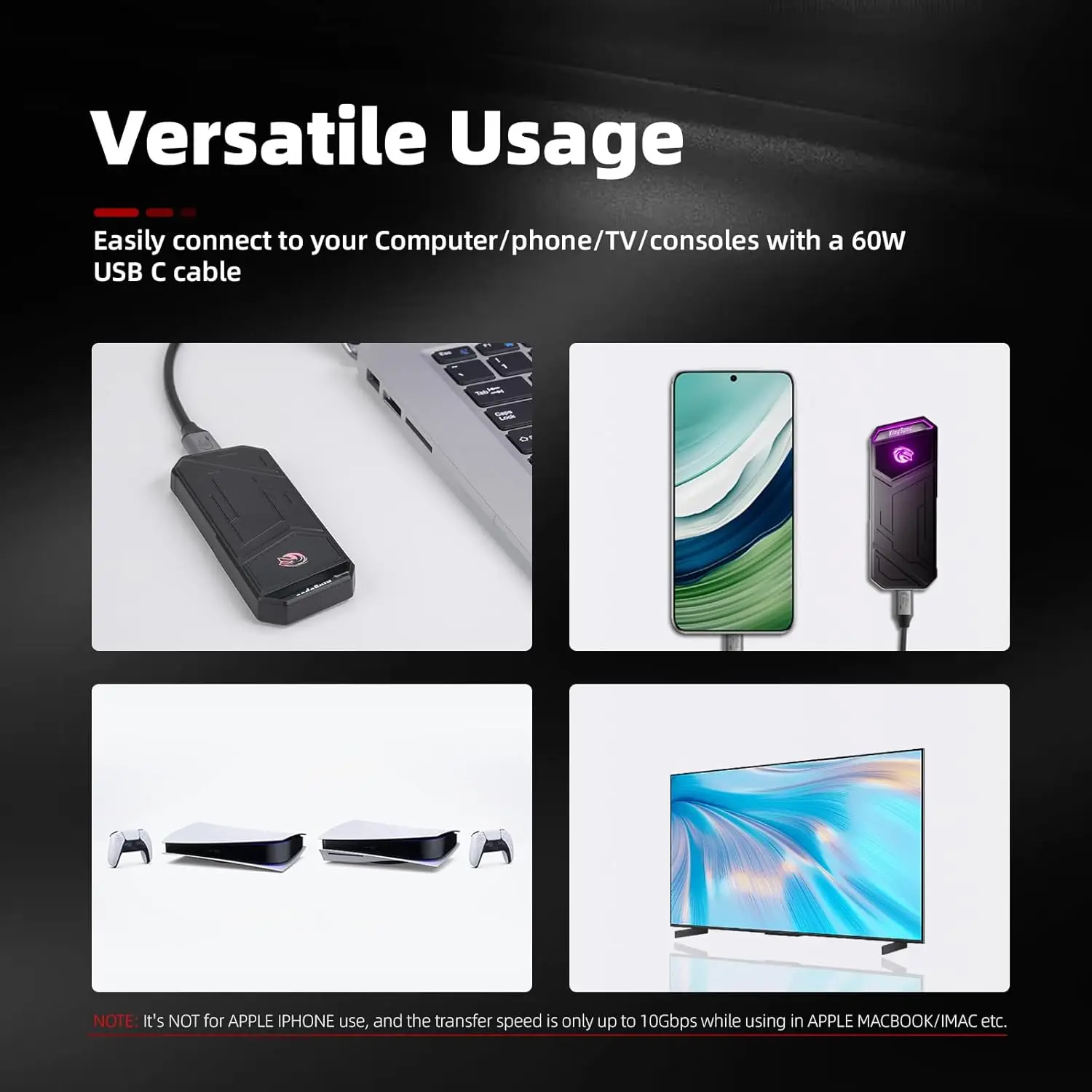 1TB Portable SSD with RGB Light, 2100MB/s Speed, USB-C Interface for Phones, Laptops, PS4