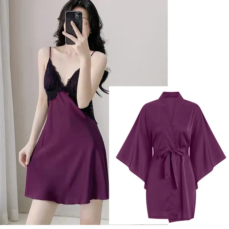 

Летний комплект 2026: Нежная женская ночная сорочка с кружевной отделкой и открытой спиной, сексуальная пижама Pure Desire с халатом 308cw12885