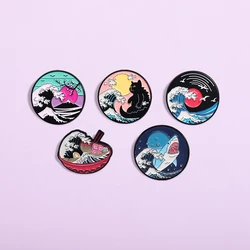 The Great Wave Of Kanagawa Creative Enamel Pins Japanese Art Painting Sunrise Sunset Brooches Lapel Badge Gift for Kids Friends