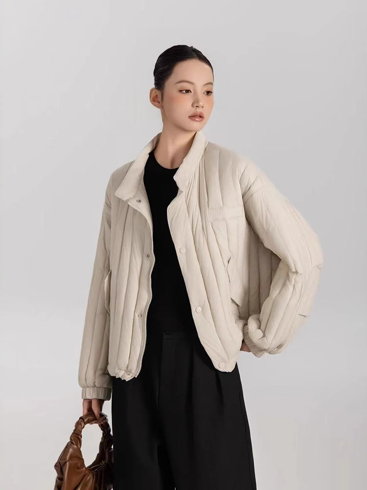 Winter White Duck Down Stand Collar Down Jacket Women Vertical Stripes Vertical Stripes Warm Jacket Female Quilted Parka Outwear