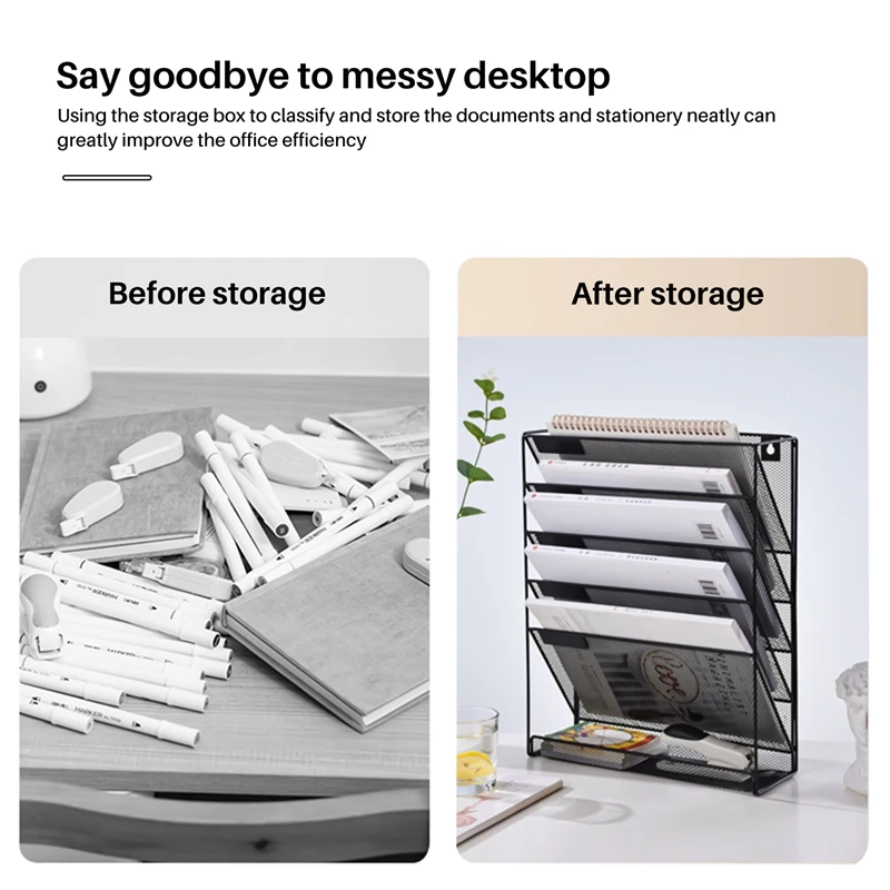 Metal Mesh Wall-Mounted Magazine File Rack Office Desk 5 Layer Interval Archive File Magazine Magazine Notebook Storage Black