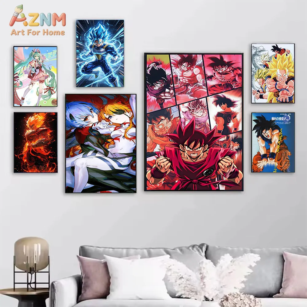 AZNM Anime Canvas Wall Art, Evangelion & Dragon Ball & Hatsune Miku Print Poster for Room Decor
