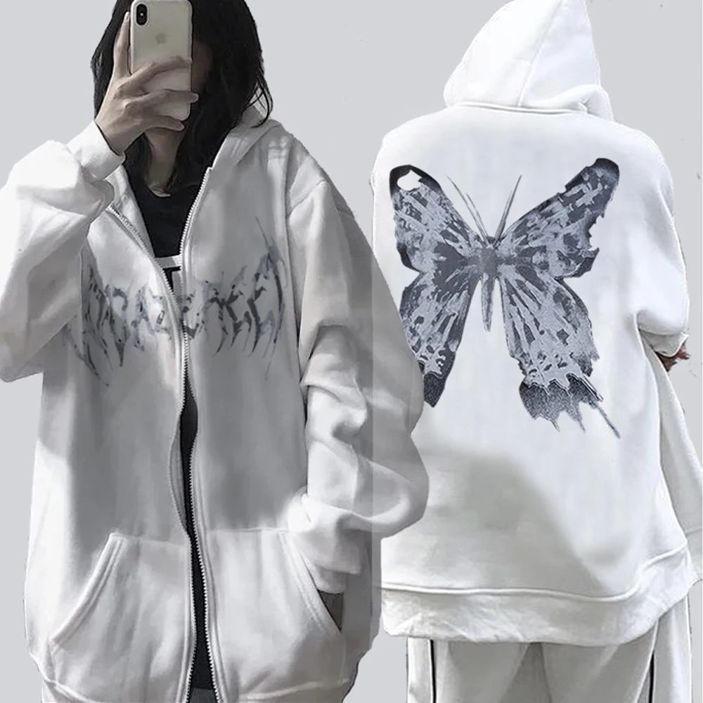 Gothic Butterfly Print Hooded Autumn Winter Y2K Hoodies Zip Up