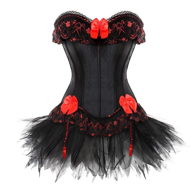 Corset Dress Gothic Overbust Women High Waist Skirts Sexy Lace Floral Bustier Corselet Plus Size Exotic Fashion Black Red 6XL