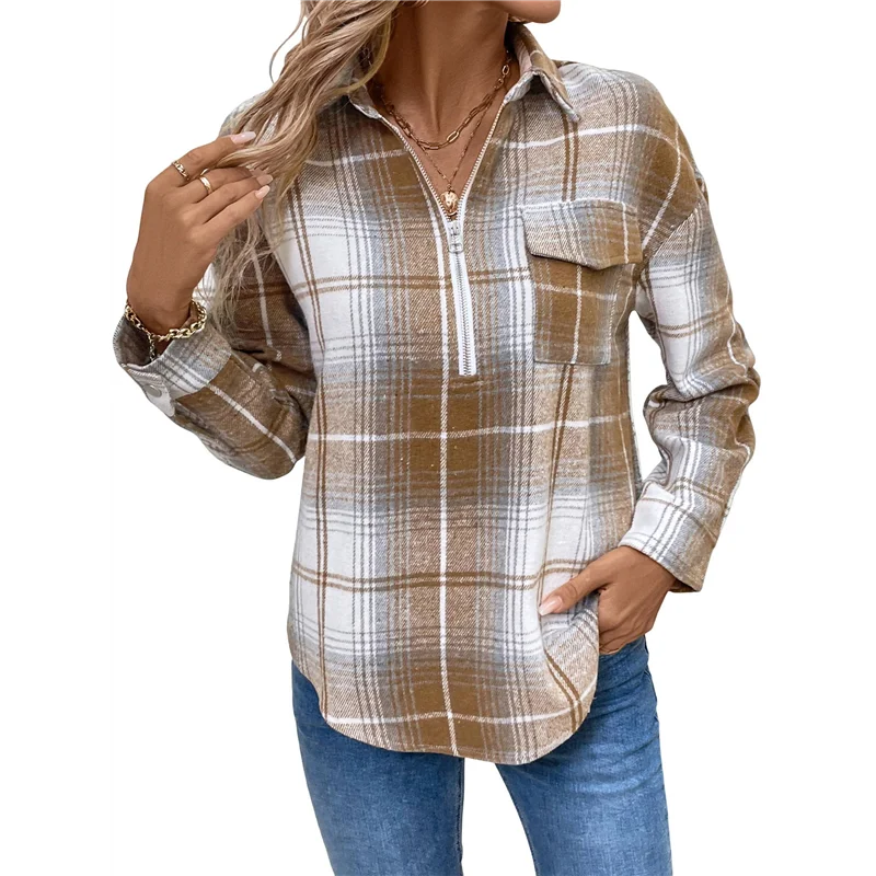 

NEW-Womens Plaid Zip Up Shirts Dressy Cuffed Long Sleeve Tops Casual Work Blouses
