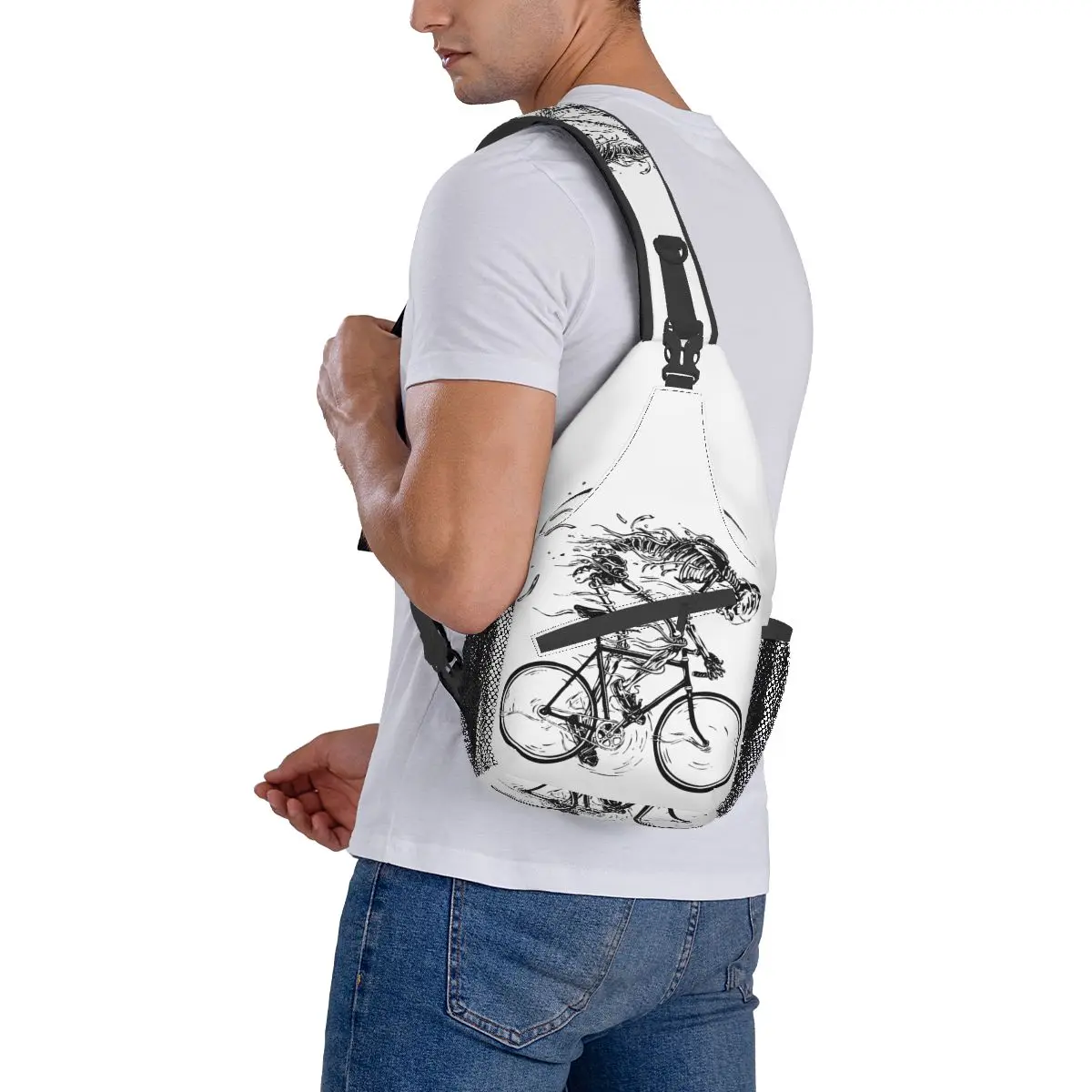 Mochila de hombro para senderismo al aire libre, bolso cruzado negro con diseño de calavera y esqueleto, a la moda, para acampar