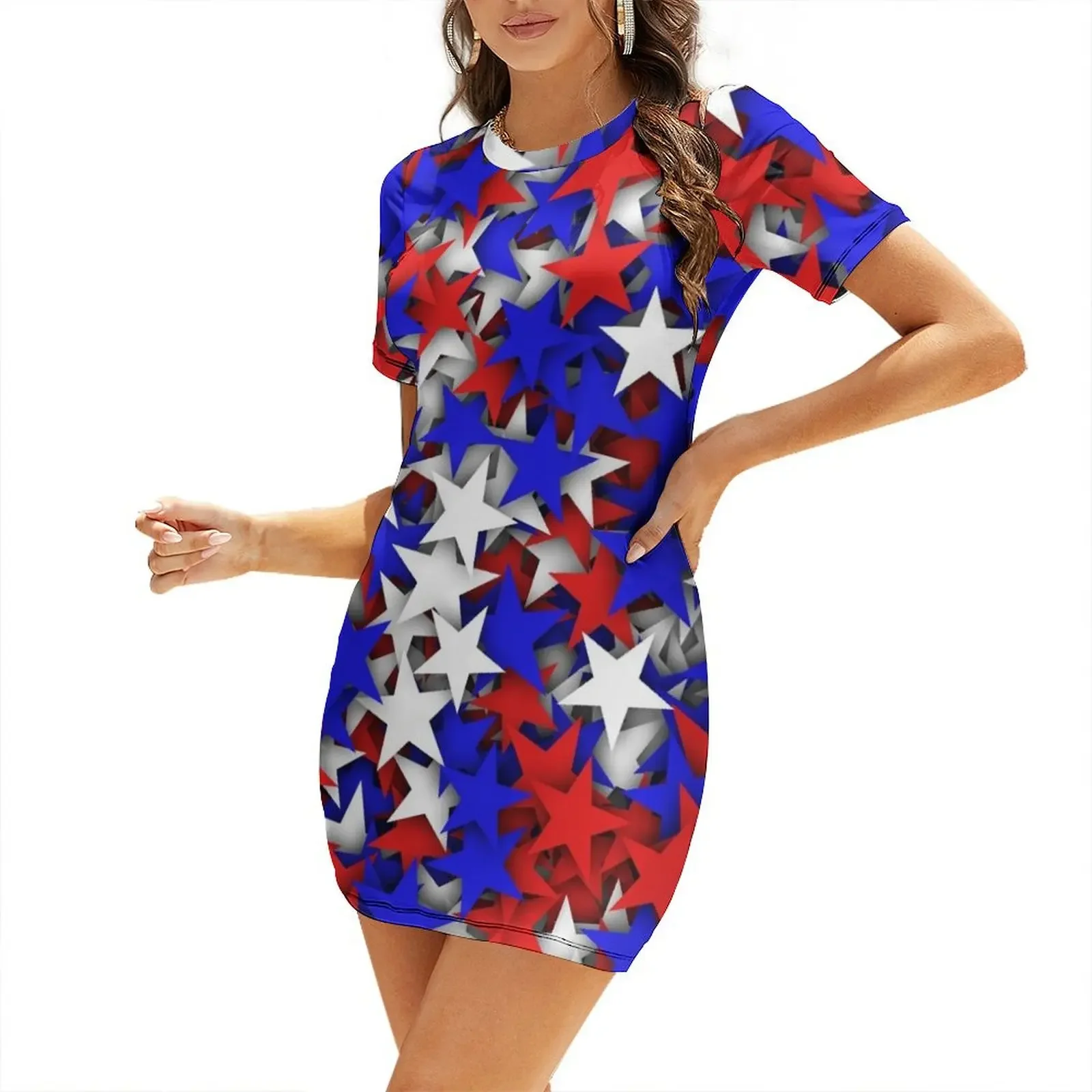 

Blue, red, white stars Short-Sleeved Dress long dress women ceremony dresses clothing women summer 2025 Dress