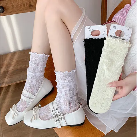 Fashion Socks for Women Cute Flower White Retro Lace Girl Sweet Socks Mesh Simple Women Casual Sweet Breathable Socks Female