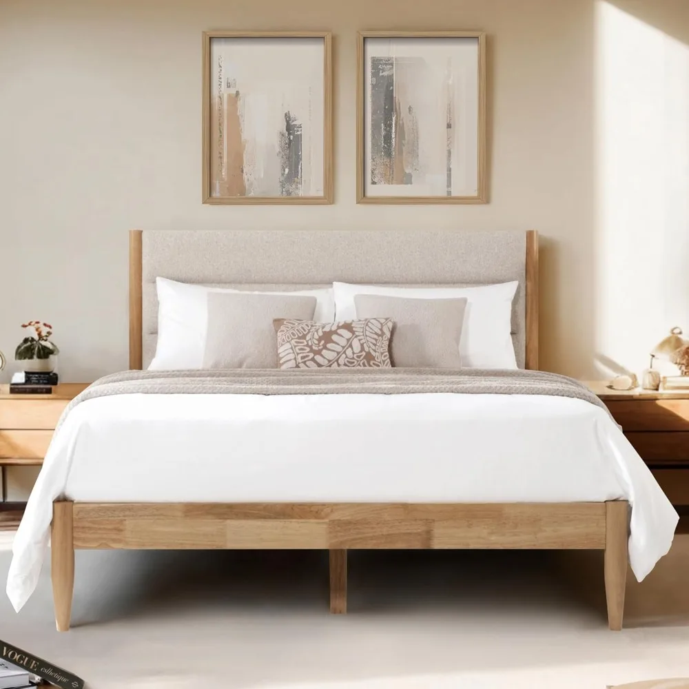 

Wood Bed Frame with Upholstered Headboard Wooden Platform with Silent Slat Support Mattress Foundation No Box Spring Needed