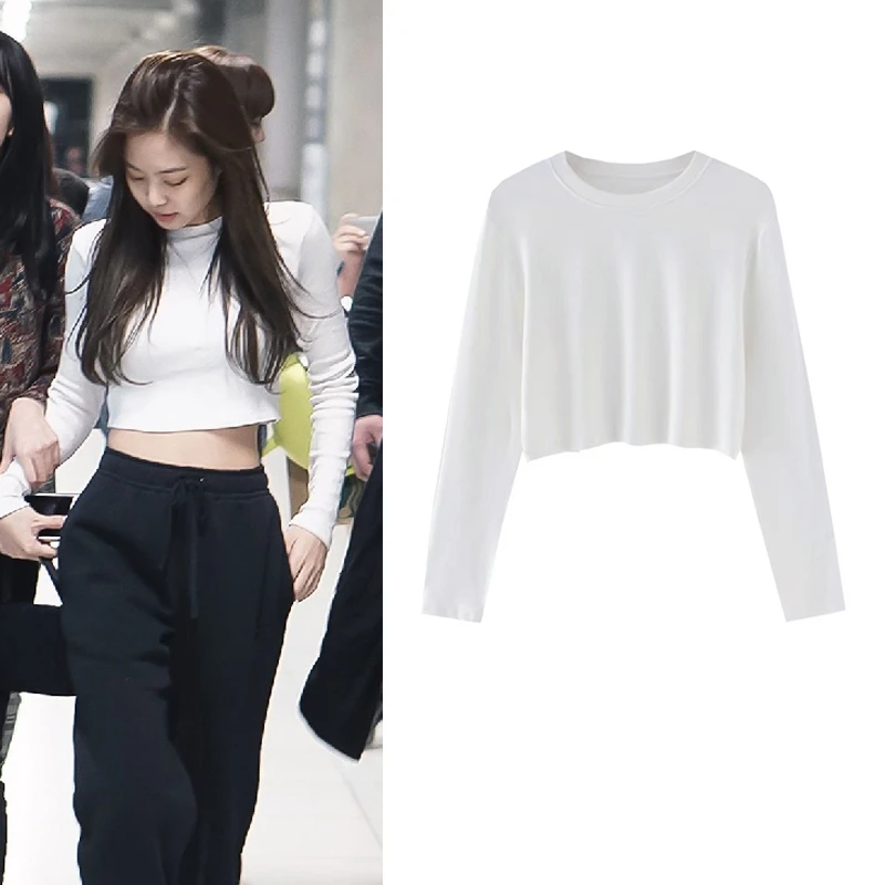 Kpop Koreaanse Zanger Witte Lange Mouw T-shirt Vrouwen Slanke Elastische Tops Lady Solid All-Match O-hals T-shirt Vrouwelijke sexy Crop Top