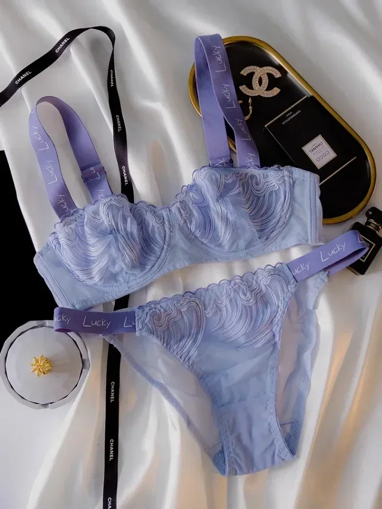 طقم حمالة صدر ولباس داخلي من الدانتيل باللون الأزرق الفرنسي المحظوظ - حمالة صدر شفافة نصف كوب، ملابس داخلية مثيرة رفيعة للغاية للنساء، ملابس داخلية رومانسية #3