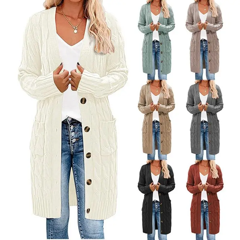 

Women's Long Fried Dough Twists Sweater ket Cardigan Coat European Sle Knitted Winter Faion Ladies' Color Top