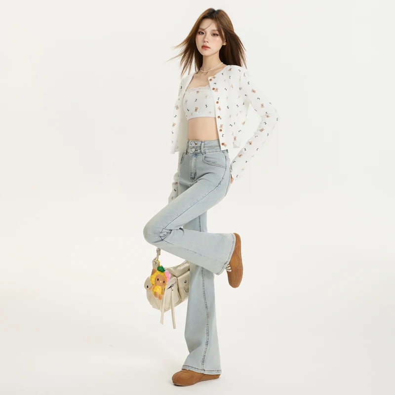 High Waist  Women's Light Blue Waist Flared Jeans Distred Cotton Stretch Denim Zipper Wear  Fall Faion Y2K Comfortable and Slim