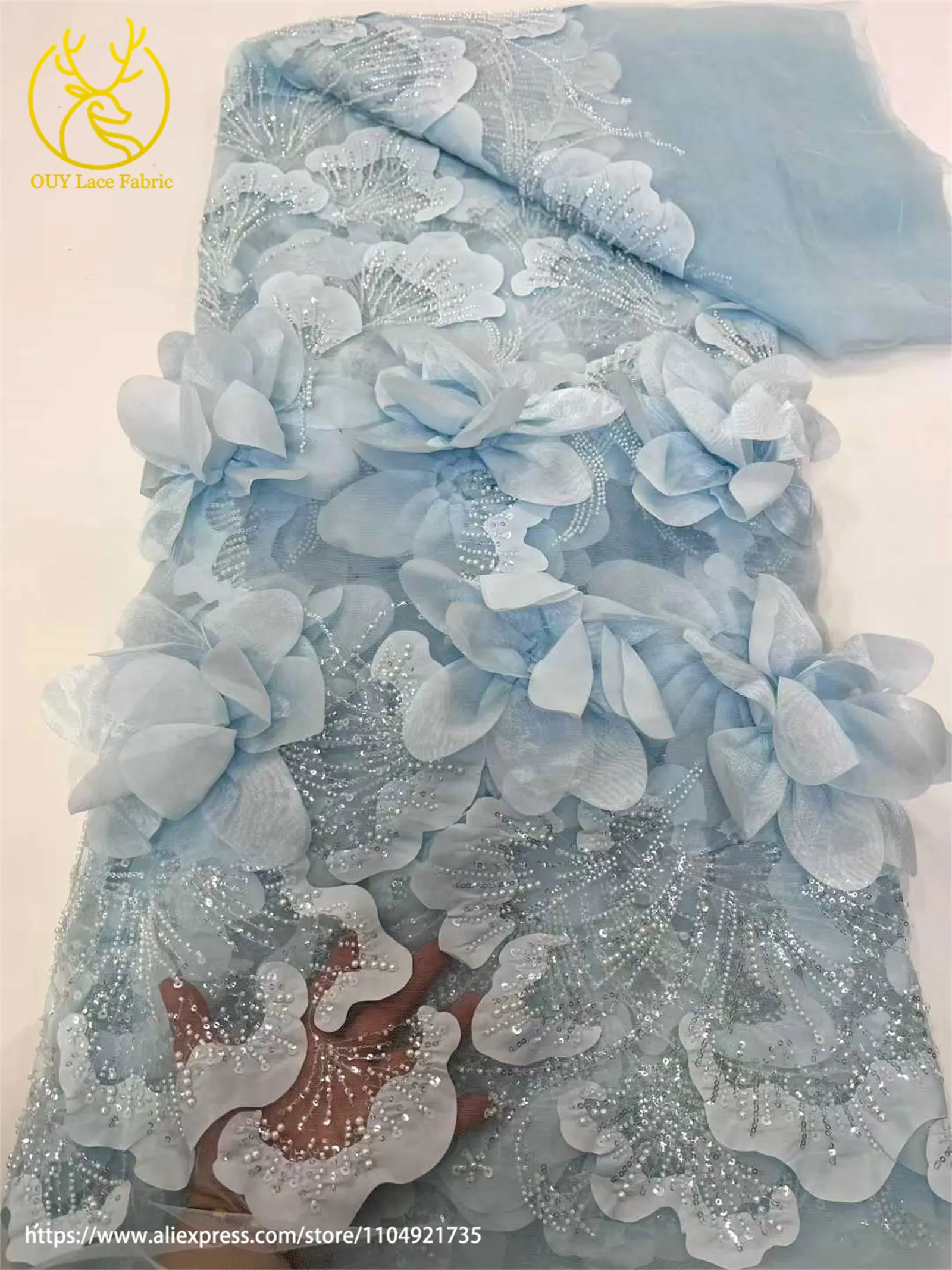 3D Blumenmuster Afrikanischer Braut-Spitzenstoff 2026 Neueste Französische Nigerianische Pailletten-Spitze für Brautkleider und Hochzeitsmode – Detail 9