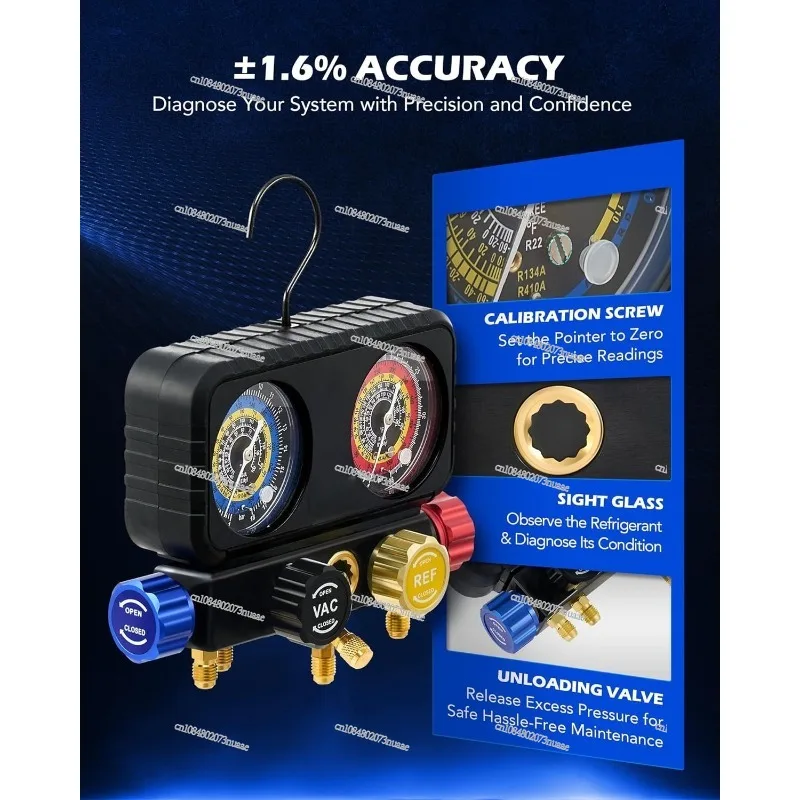 

R1234yf AC Pressure Gauge Set, 4-way AC Pressure Gauge with Hose R1234yfR134a Quick Connector, Self Sealing, Freon Tap