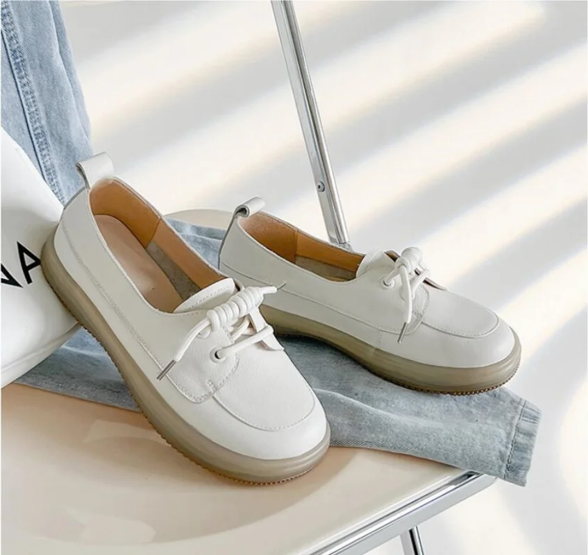 

Genuine Leather Sneakers Women 2026 New Lace-up Women Loafers Casual Flat Cow Tendon Sole Nurse Shoes Women