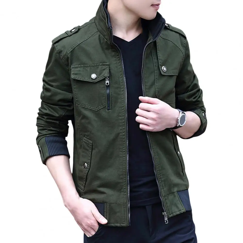 Men Cargo Jacket Stand Collar Long Sleeve Multi Pockets Jacket Coat Solid Color Zipper Closure Thin Sport Coat Jackets For Men