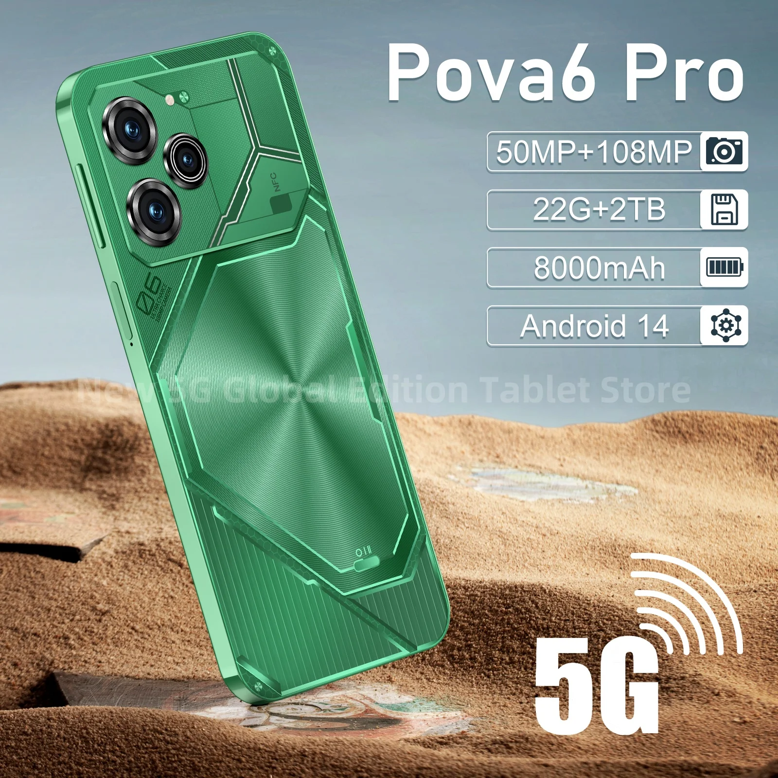 Oryginalny smartfon Pova 6 Pro 5G wymiar9200 7.3 cal 22GB + 2TB telefon komórkowy DualSIM telefony komórkowe 50 + 108MP Android14 odblokowany NFC
