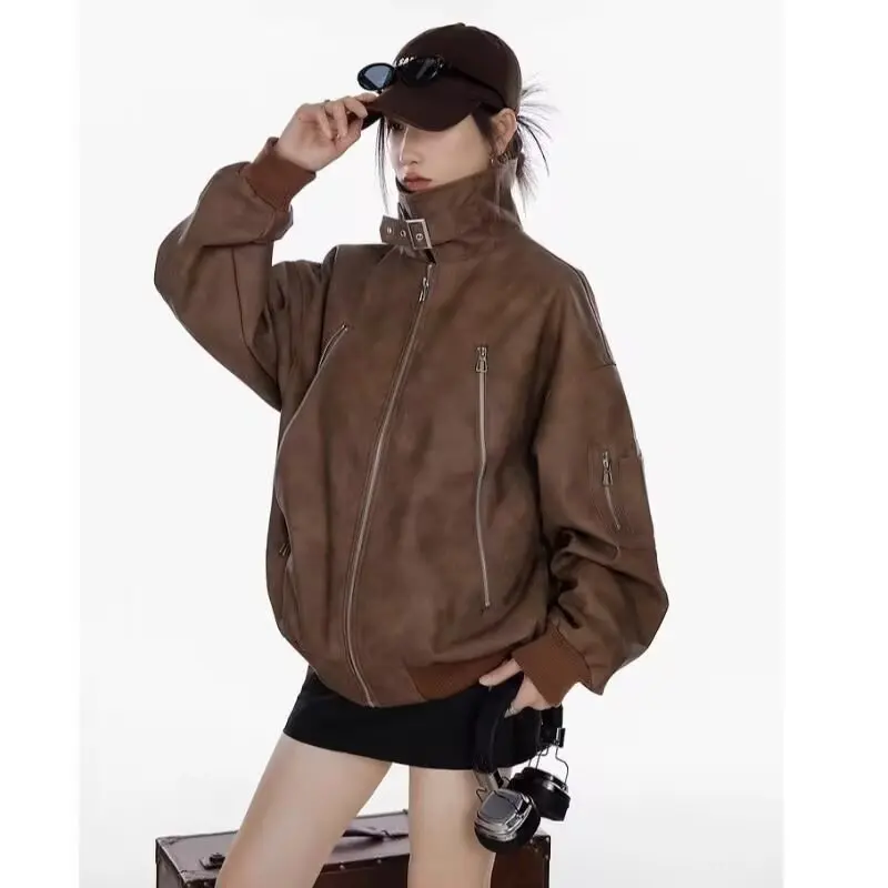 

Куртка из искусственной кожи на молнии с текстурой, модное американское уличное пальто, модная крутая мотоциклетная куртка высокого класса