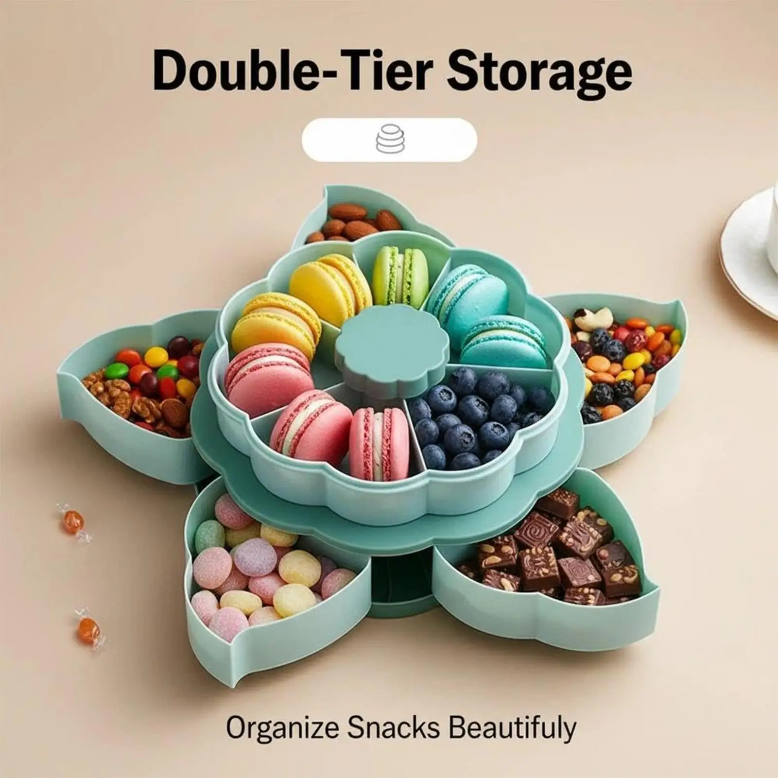 Divided Serving Tray 2 Layer Flower Shape Rotatable Container 10 Compartments Snack Tray with Lid for Kitchen Picnic Party