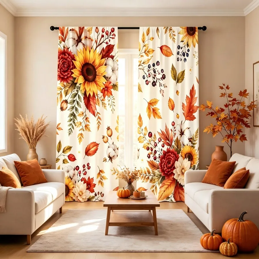 2PCS Digital Print Curtain, Watercolor Autumn Sunflower Cotton Leaf Bouquet, Rustic Fall Style for Living Room Bedroom Decor