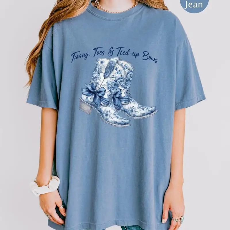 

Coquette Cowgirl Boot Twang Toes Tied Up Bows T Shirt Blue Chinoiserie Bow Design Vintage Style Country Chic Top