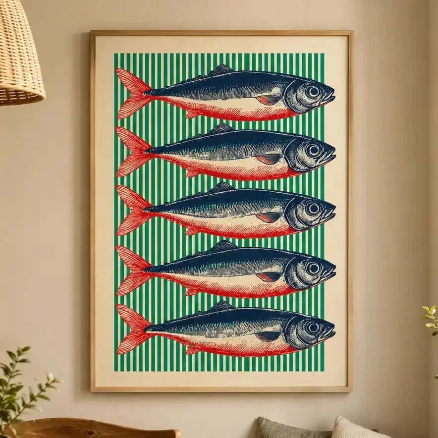 1pc frameless Canvas Painting Retro Fish Harmony Poster,Canvas Wall Print,High‑Grade Home Decoration Artwork for Bedroom,Living
